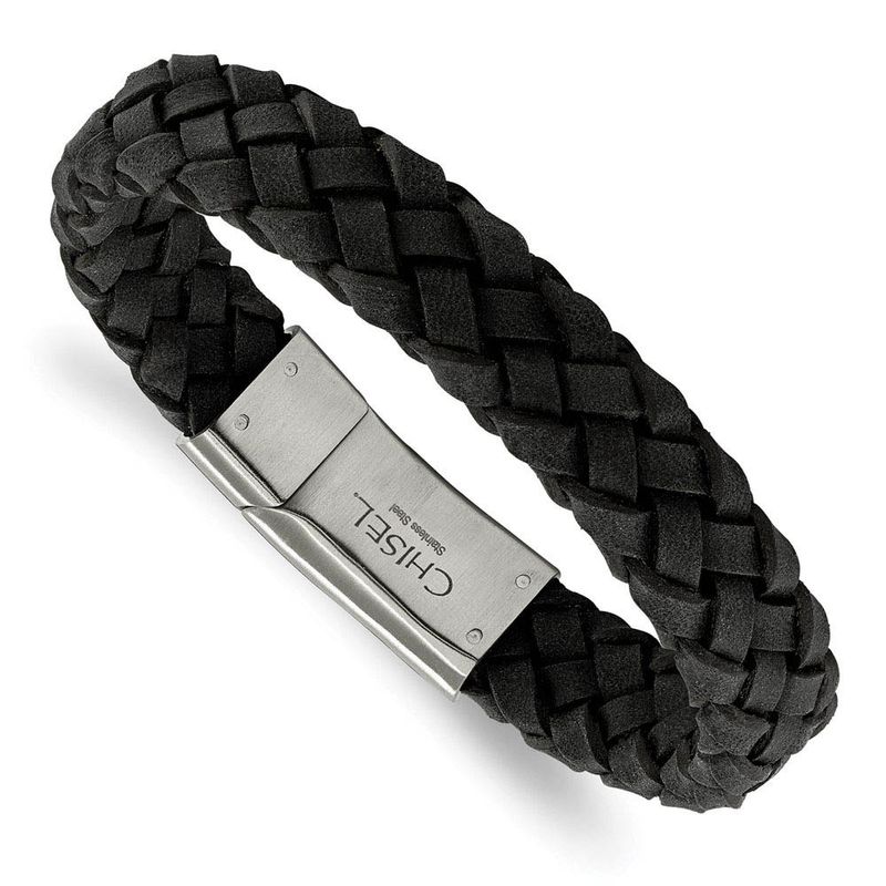 12.5mm Stainless Steel & Black Leather Braided Bracelet, 8.25 Inch